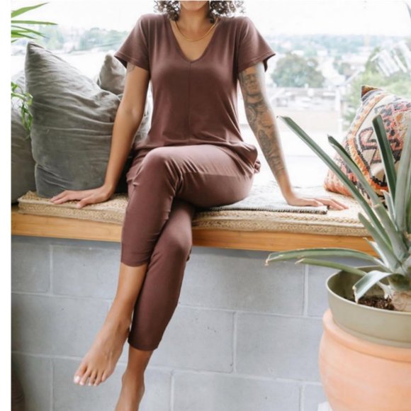 Smash + Tess Pants - Smash + Tess Sunday Romper Jumpsuit Short Sleeve Long Pants Lounge Pockets Cozy
